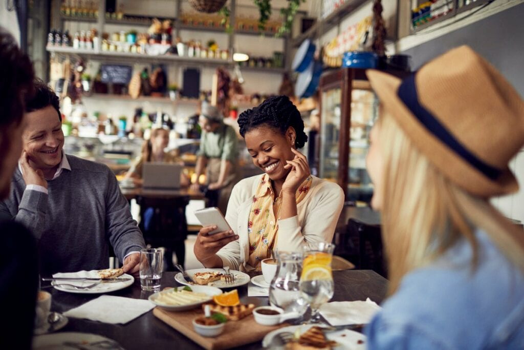 Group of friends enjoying food at a restauran.width vWjh