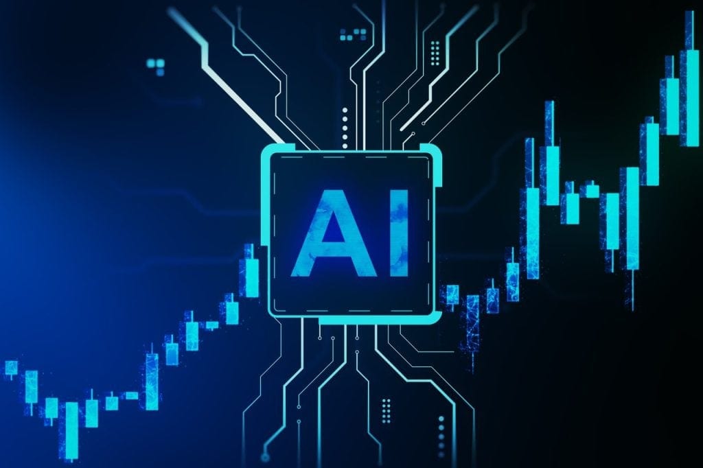 The letters AI in a bubble with money and stock prices around it.