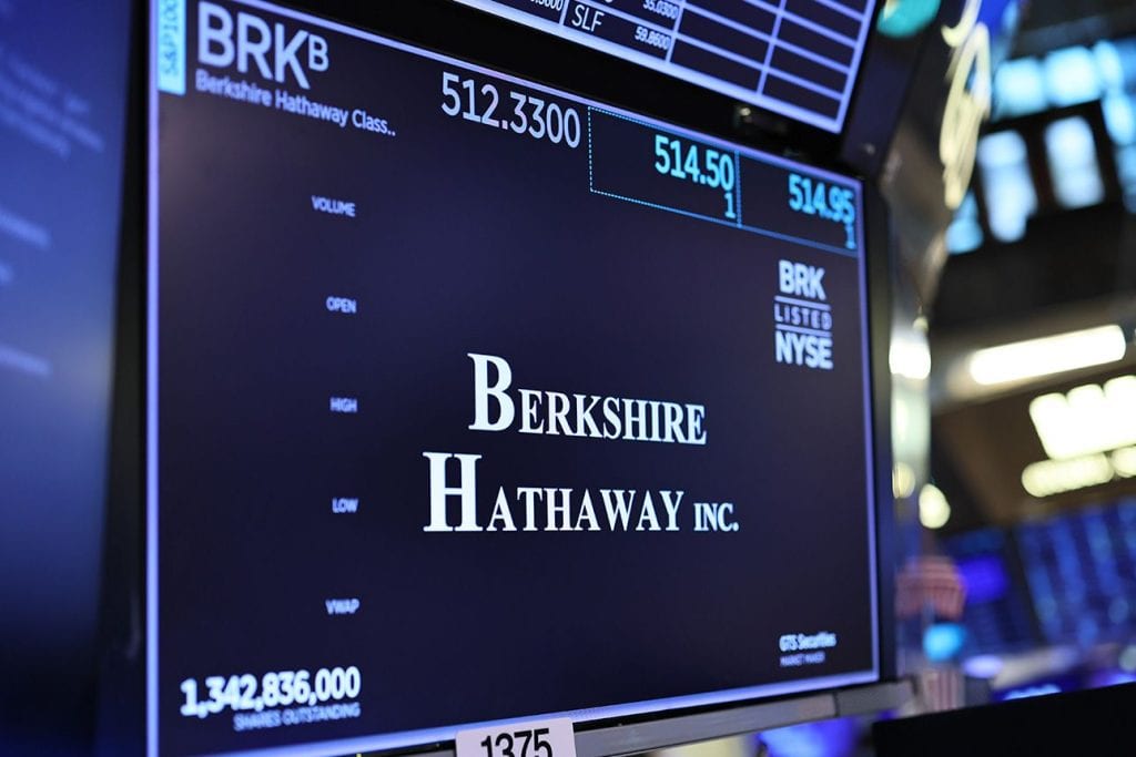 Berkshire Hathaway Class B stock quote displayed on a New York Stock Exchange trading screen