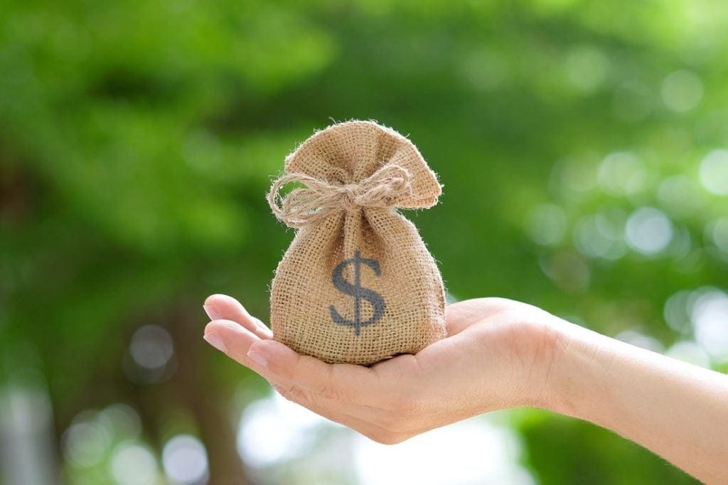 A hand, holding a small burlap sack marked with a dollar sign.